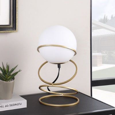 13.5 H Glass Globe Matte Gold Spiral 4 Ring Metal Stand Table Lamp For Living Room, Nightstand Bedside Table Lamp For Bedroom, LED Lamp