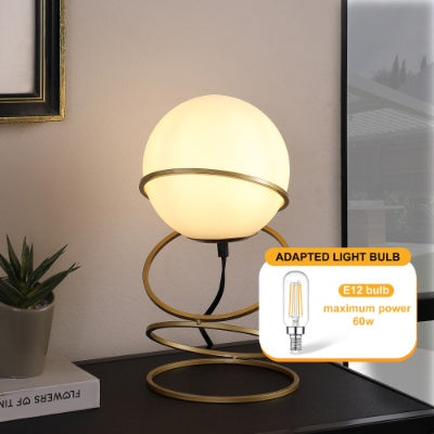 13.5 H Glass Globe Matte Gold Spiral 4 Ring Metal Stand Table Lamp For Living Room, Nightstand Bedside Table Lamp For Bedroom, LED Lamp