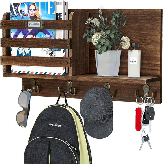 Mail Holder, Large Size Wall Mounted Mail Organizer with Tags & 4 Double Key Hooks, Rustic Wood Mail Sorter, Home Decor for Entryroom, Mudroom, Hallway, Kitchen, Office Dark Brown